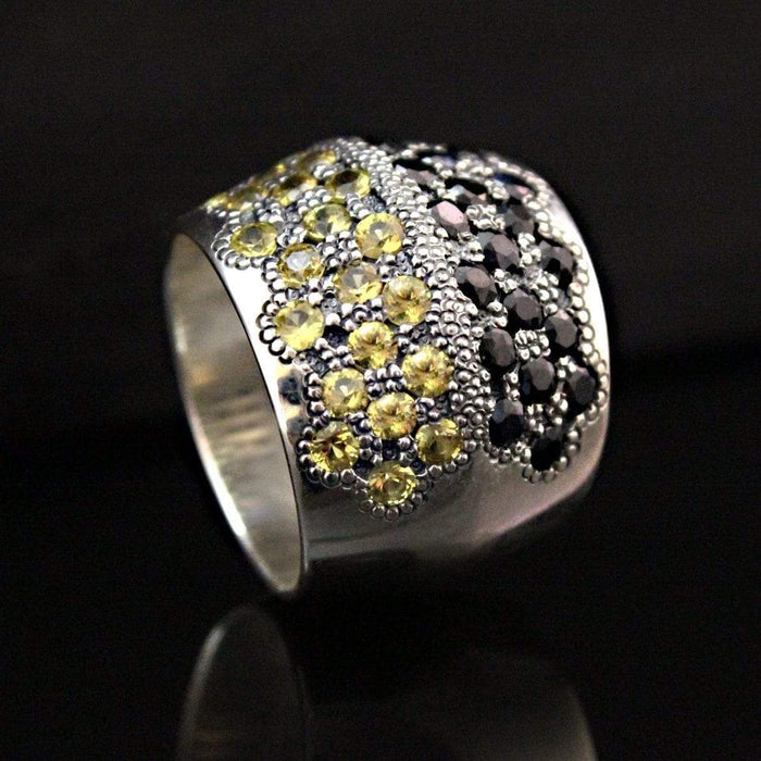 Bague abeille en argent sterling sertie de saphirs jaunes et noirs
