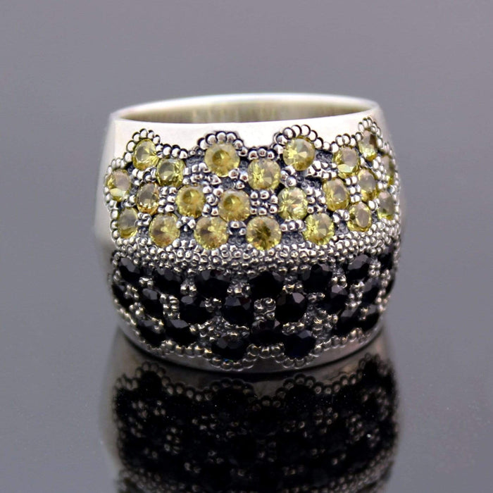 Bague abeille en argent sterling sertie de saphirs jaunes et noirs