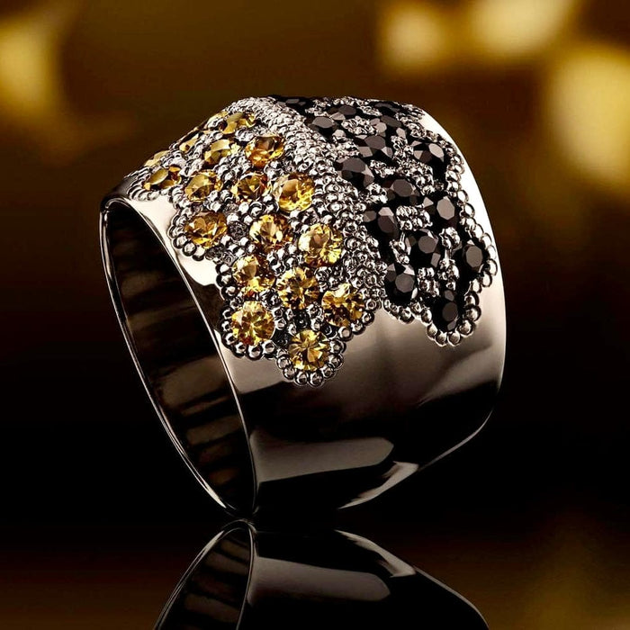 Bague abeille en argent sterling sertie de saphirs jaunes et noirs