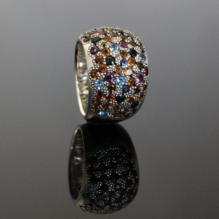 Bague bonbon en argent sterling sertie de saphirs jaunes et noirs