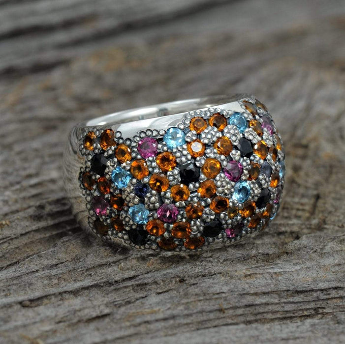 Bague bonbon en argent sterling sertie de saphirs jaunes et noirs