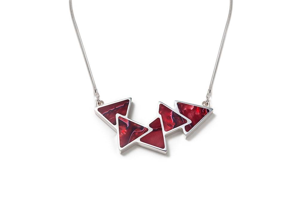 Collier réversible 5 triangles rouge et turquoise