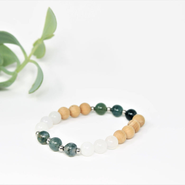 Bracelet diffuseur d'huiles essentielles pour femmes en pierres naturelles de quartz blanc et agate mousse, billes de bois de cèdre et inox