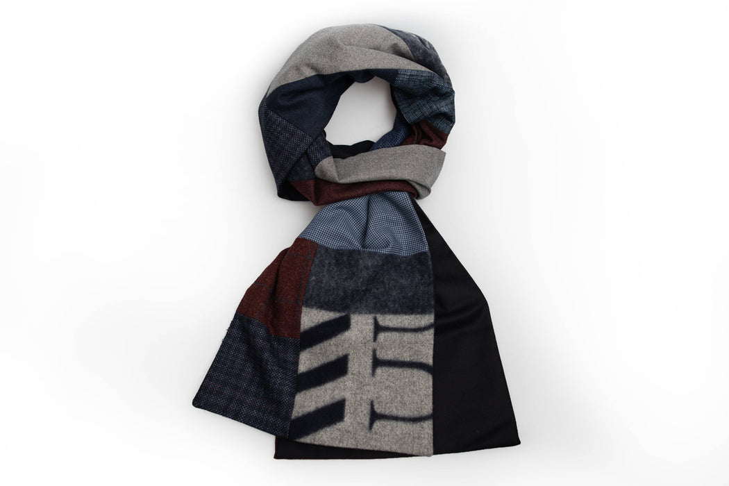Foulard patchwork géométrique - bleu, gris et bourgogne