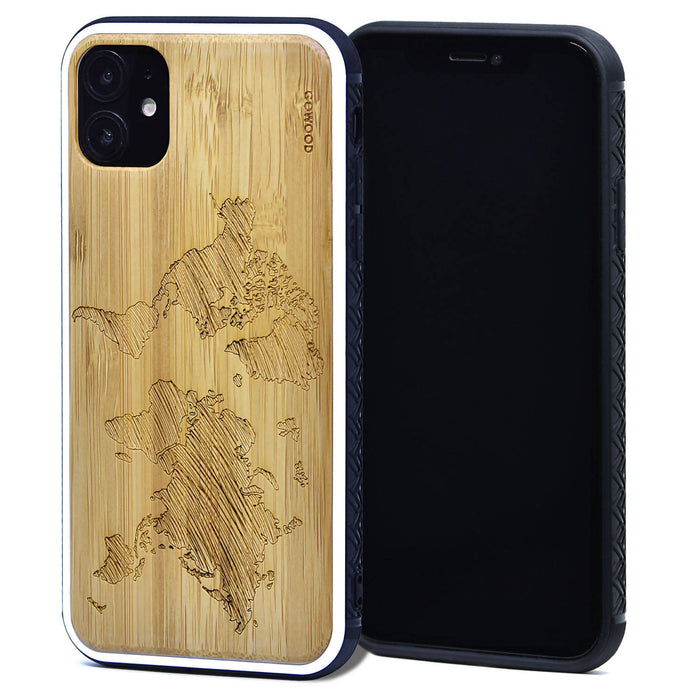 Étui iphone 11 en bois et côtés en tpu - bambou avec gravure carte du monde