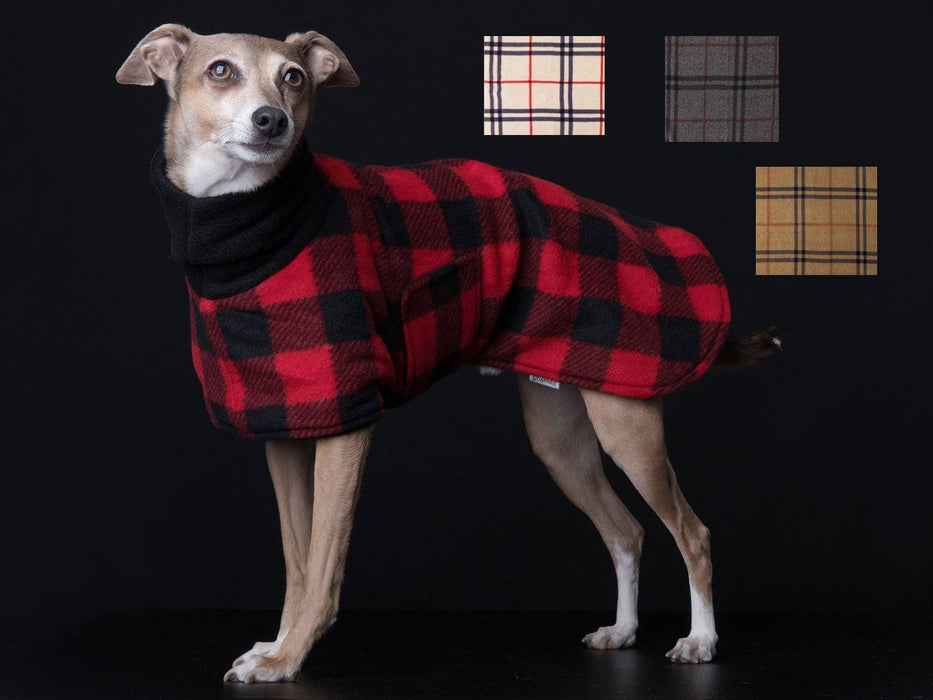 4 couleurs manteau en polar buffalo rouge et noir, gris et noir, beige et noir ou brun et noir pour lévrier italien - doublé de polar noir