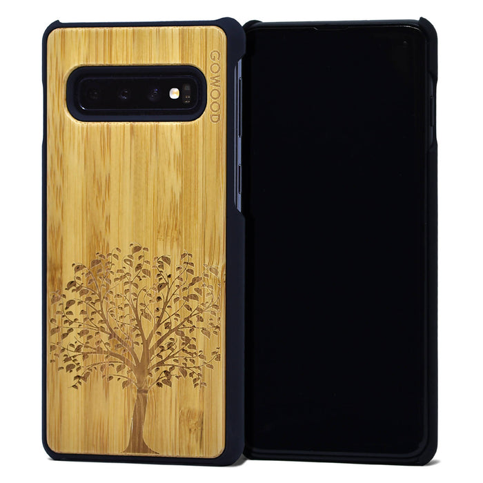 Étui samsung galaxy s10 en bois et côtés en polycarbonate - bambou avec gravure arbre