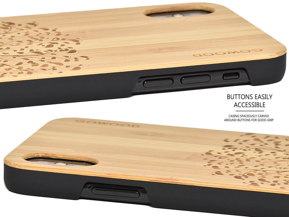 Étui iphone xs max en bois et côtés en polycarbonate - bambou avec gravure arbre