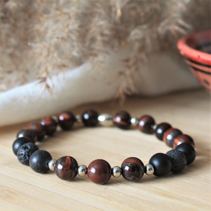 Onyx - bracelet élastique pour hommes en pierres naturelles de guérison : onyx mat, pierre de lave et œil de taureau