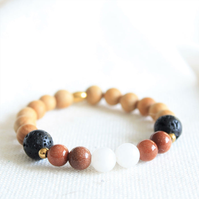 Bracelet élastique pour femmes en pierres semi précieuses de 8mm : quartz et goldstone, pierre de lave, bille de bois de cèdre et inox