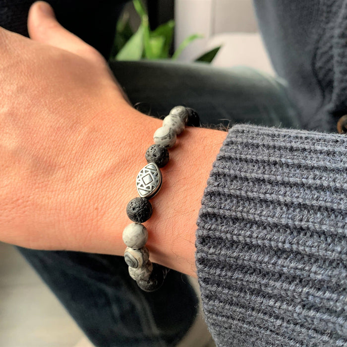 Bracelet élastique pour hommes en pierres naturelles de guérison : pierre de lave et jaspe gris