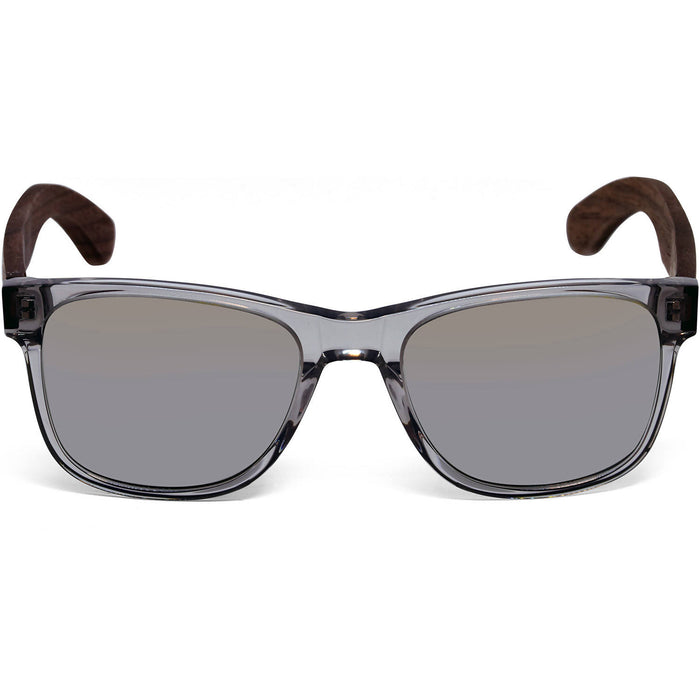Lunettes de soleil en bois de noyer de style classique avec monture grise semi-transparente et verres miroirs argent polarisés