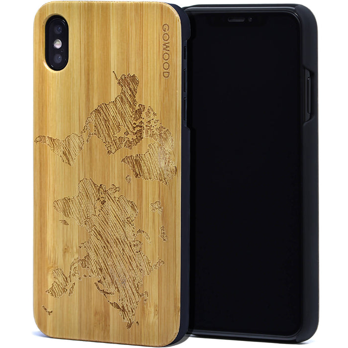 Étui iphone xs max en bois et côtés en polycarbonate - bambou avec gravure carte du monde