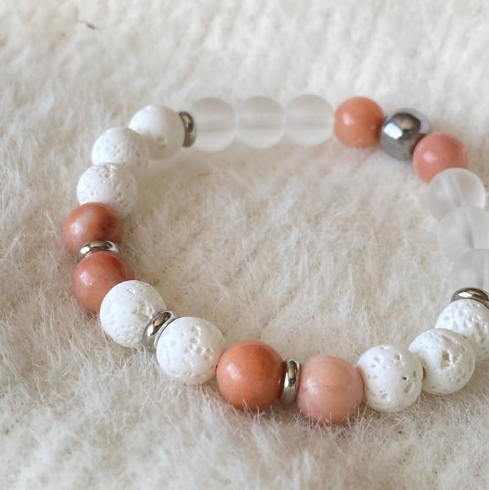 Bracelet diffuseur hibiscus (pierres semi-précieuses aventurine rose, quartz, pierres de lave blanche et acier inoxydable)
