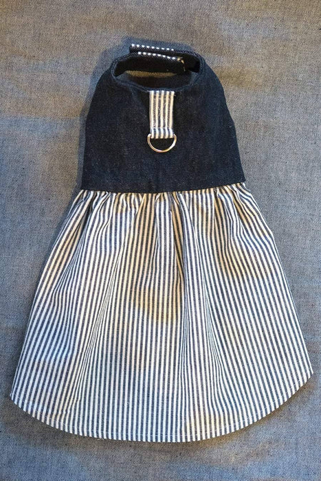 Robe harnais en denim jeans bleu foncé et ligné bleu et blanc pour chien xxxs, xxs, xs, s, m et l