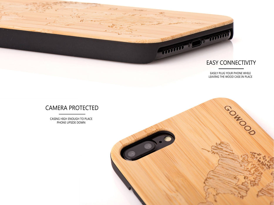 Étui iphone 7 plus et 8 plus en bois et côtés en polycarbonate - bambou avec gravure carte du monde