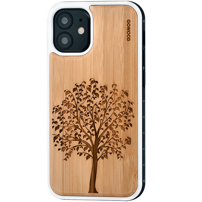Étui iphone 12 mini en bois et côtés en tpu - bambou avec gravure arbre