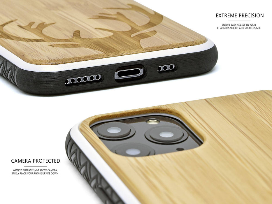 Étui iphone 11 pro en bois et côtés en tpu - bambou avec gravure chevreuil