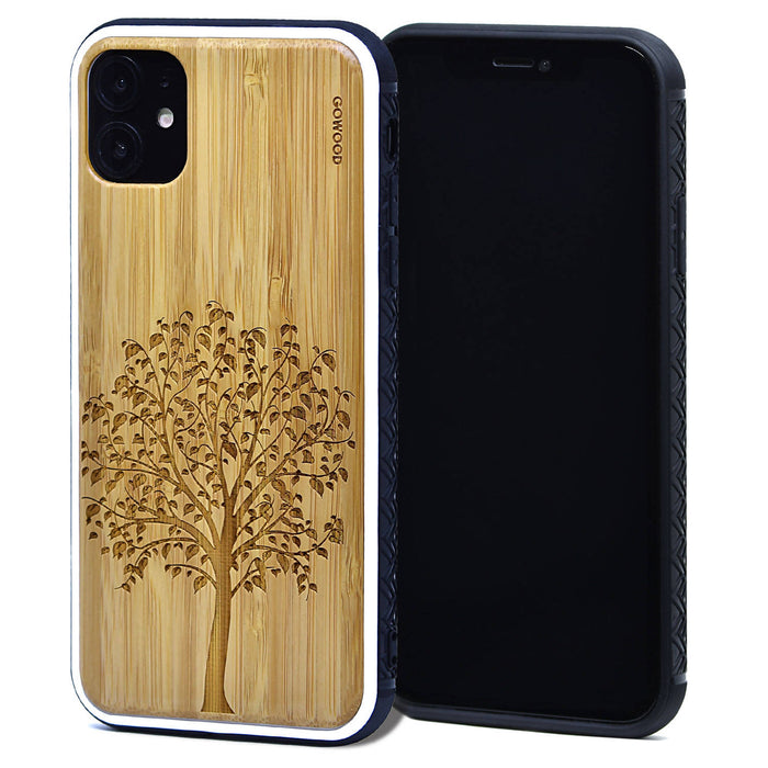 Étui iphone 11 en bois et côtés en tpu - bambou avec gravure arbre