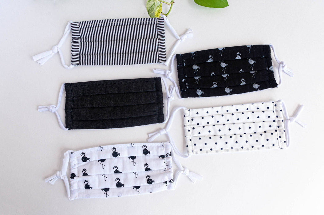 Masque en tissu - denim noir & pois & flamingo blanc