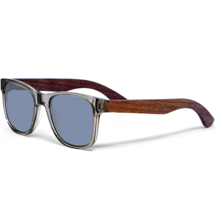 Lunettes de soleil en bois de noyer de style classique avec monture grise semi-transparente et verres miroirs argent polarisés