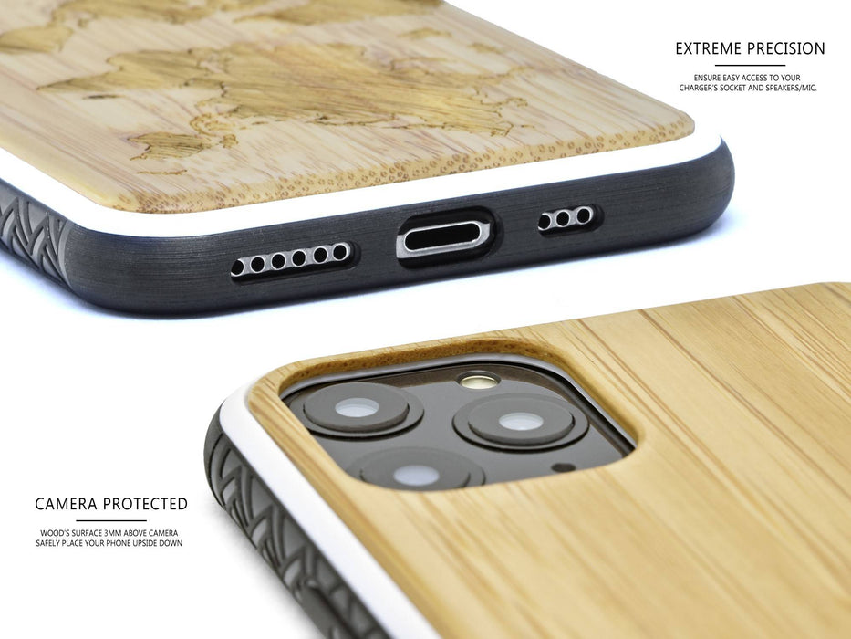 Étui iphone 11 pro en bois et côtés en tpu - bambou avec gravure carte du monde