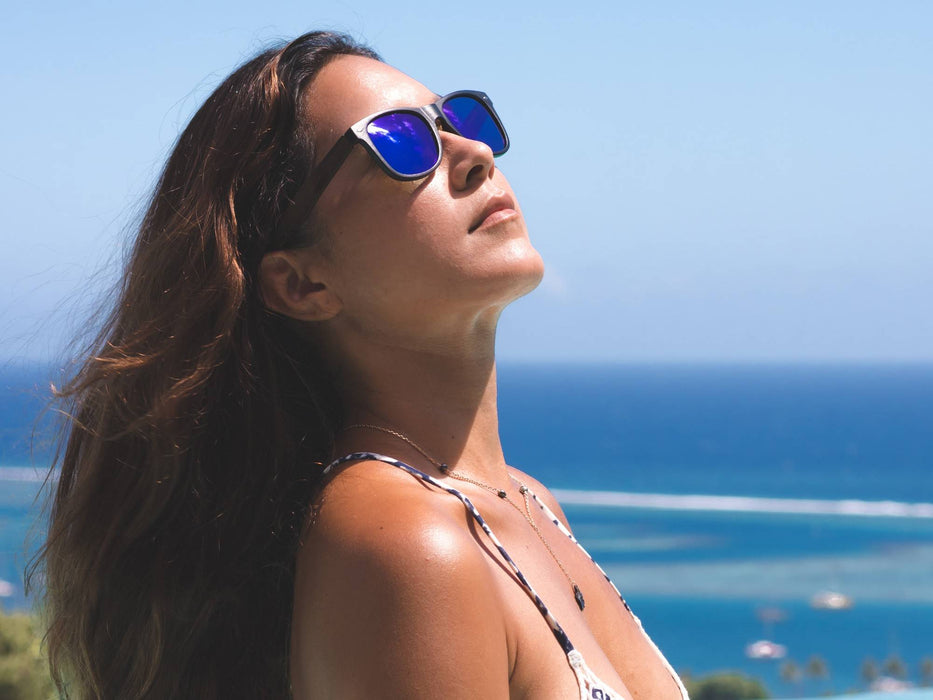 Lunettes de soleil en bois d'ébène avec verres miroir bleu polarisés