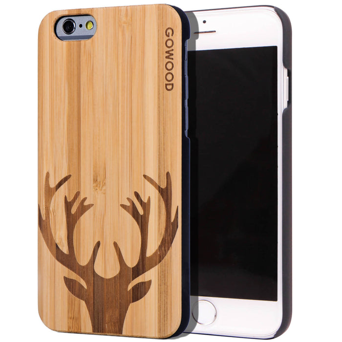 Étui iphone 6 en bois et côtés en polycarbonate - bambou avec gravure chevreuil