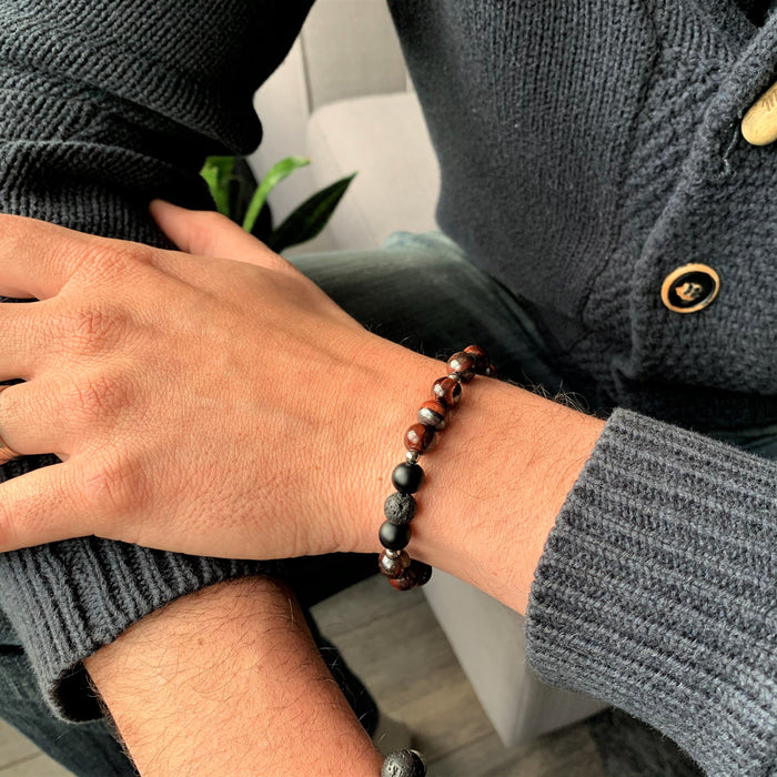Onyx - bracelet élastique pour hommes en pierres naturelles de guérison : onyx mat, pierre de lave et œil de taureau