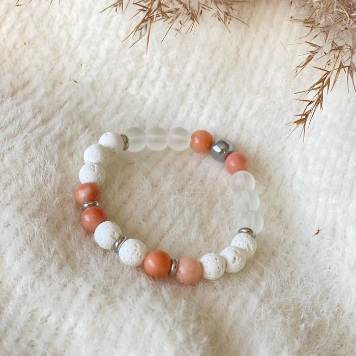 Bracelet diffuseur hibiscus (pierres semi-précieuses aventurine rose, quartz, pierres de lave blanche et acier inoxydable)