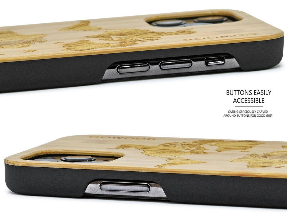 Étui iphone 11 pro en bois et côtés en polycarbonate - bambou avec gravure carte du monde