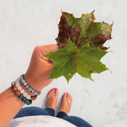 Bracelet diffuseur nature en pierres semi-précieuses agate mousse, larvikite, pierres de lave, bois de rose et acier inoxydable