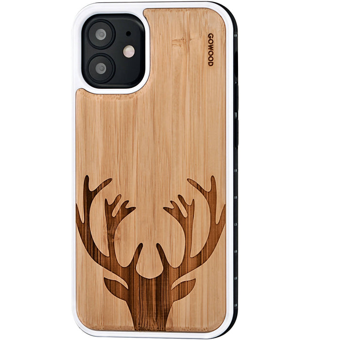 Étui iphone 12 mini en bois et côtés en tpu - bambou avec gravure chevreuil
