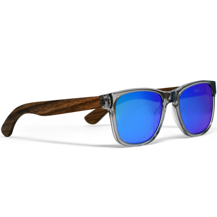 Lunettes de soleil en bois de noyer de style classique avec monture grise semi-transparente et verres miroirs bleu polarisés
