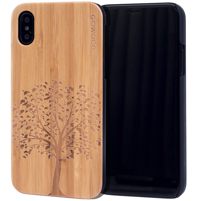 Étui iphone x et xs en bois et côtés en polycarbonate - bambou avec gravure arbre