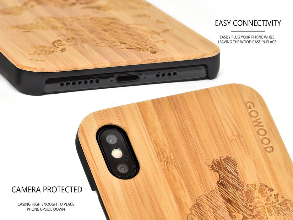 Étui iphone xs max en bois et côtés en polycarbonate - bambou avec gravure carte du monde