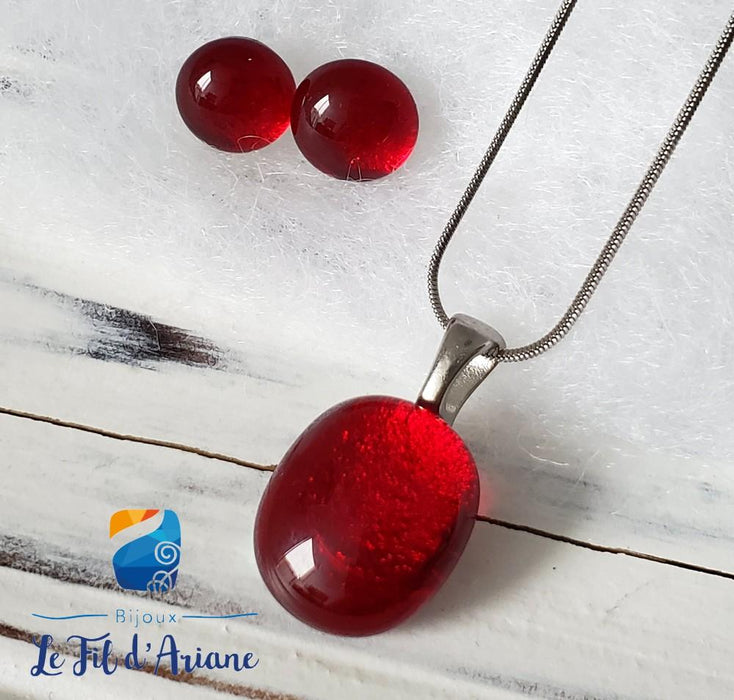 Mini pendentif, rouge transparent verre fusion - Bijoux Le fil d'Ariane