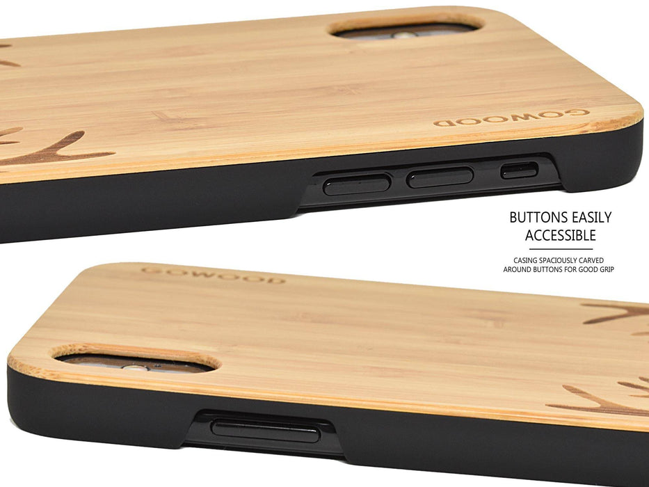 Étui iphone xs max en bois et côtés en polycarbonate - bambou avec gravure chevreuil
