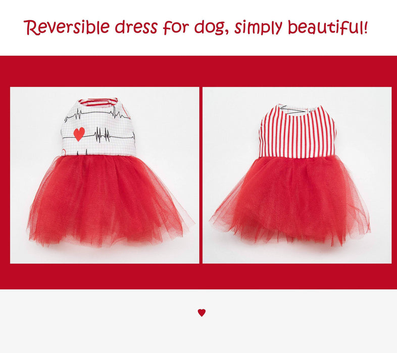 2 robes pour chien dans une, robe réversible: robe tutu rouge avec motifs coeur et fréquence cardiaque verso ligné blanc et rouge xxxs et +