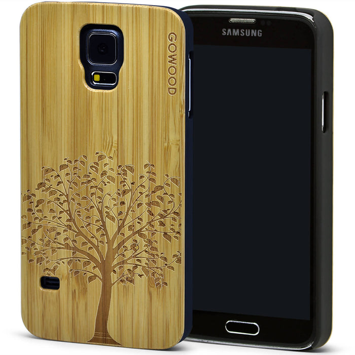 Étui samsung galaxy s5 en bois et côtés en polycarbonate - bambou avec gravure arbre