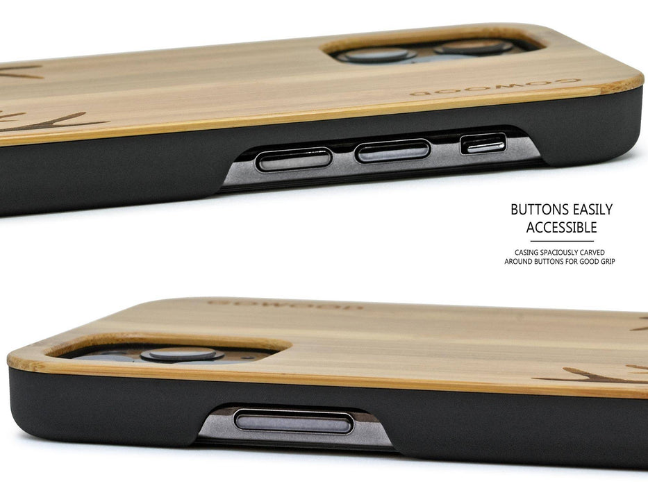 Étui iphone 11 pro en bois et côtés en polycarbonate - bambou avec gravure chevreuil