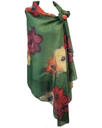 Par&eacute;o de soie vert fleurs multi