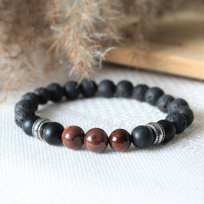 Fournaise - bracelet élastique pour hommes en pierres naturelles de guérison : onyx mat, pierre de lave et œil de taureau