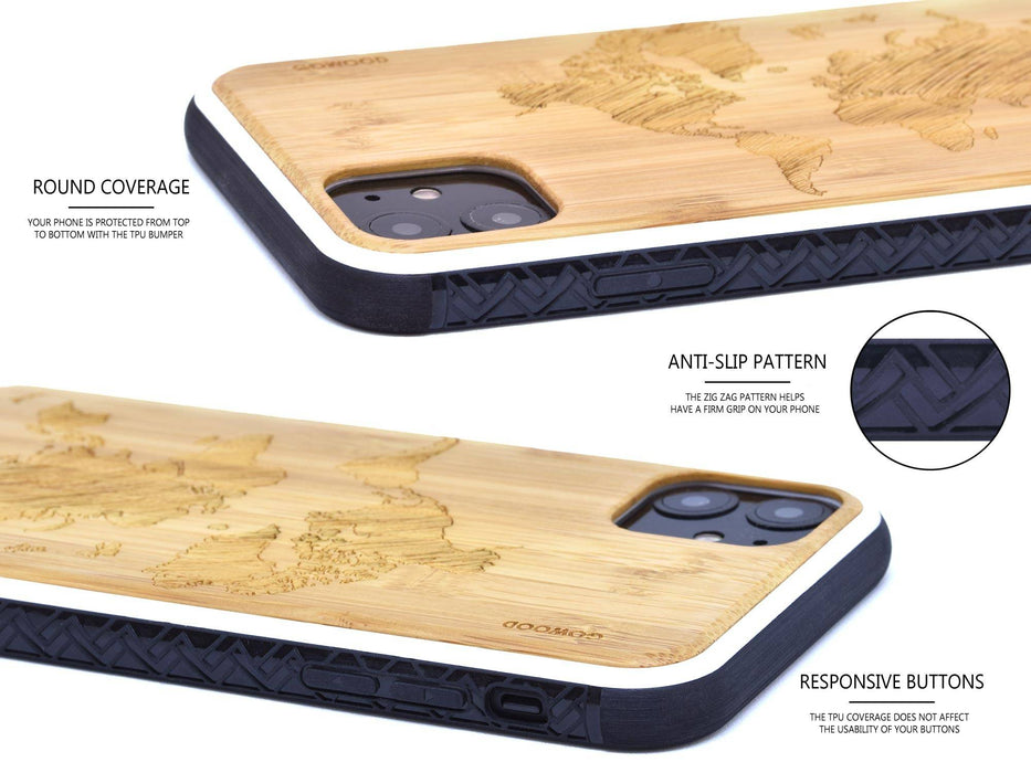 Étui iphone 11 en bois et côtés en tpu - bambou avec gravure carte du monde
