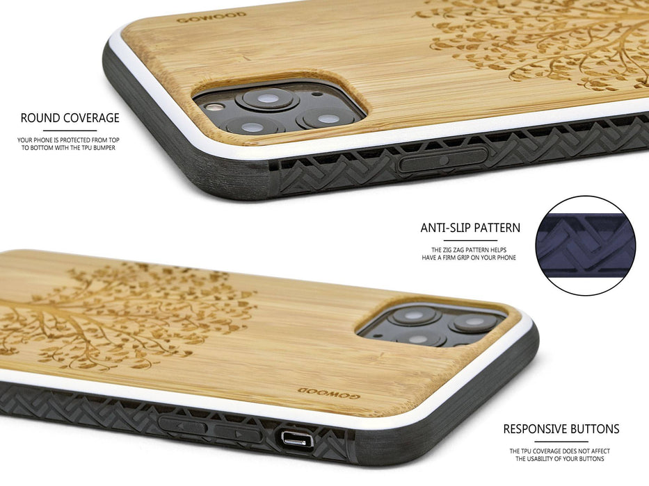 Étui iphone 11 pro en bois et côtés en tpu - bambou avec gravure arbre