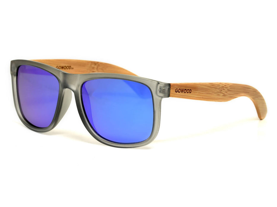 Lunettes de soleil carrées en bois de bambou avec monture givrée grise et verres miroir bleu polarisés