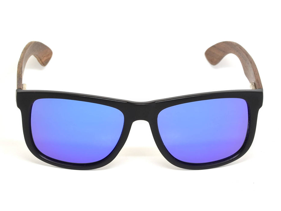 Lunettes de soleil carrées en bois de noyer avec verres miroir bleu polarisés
