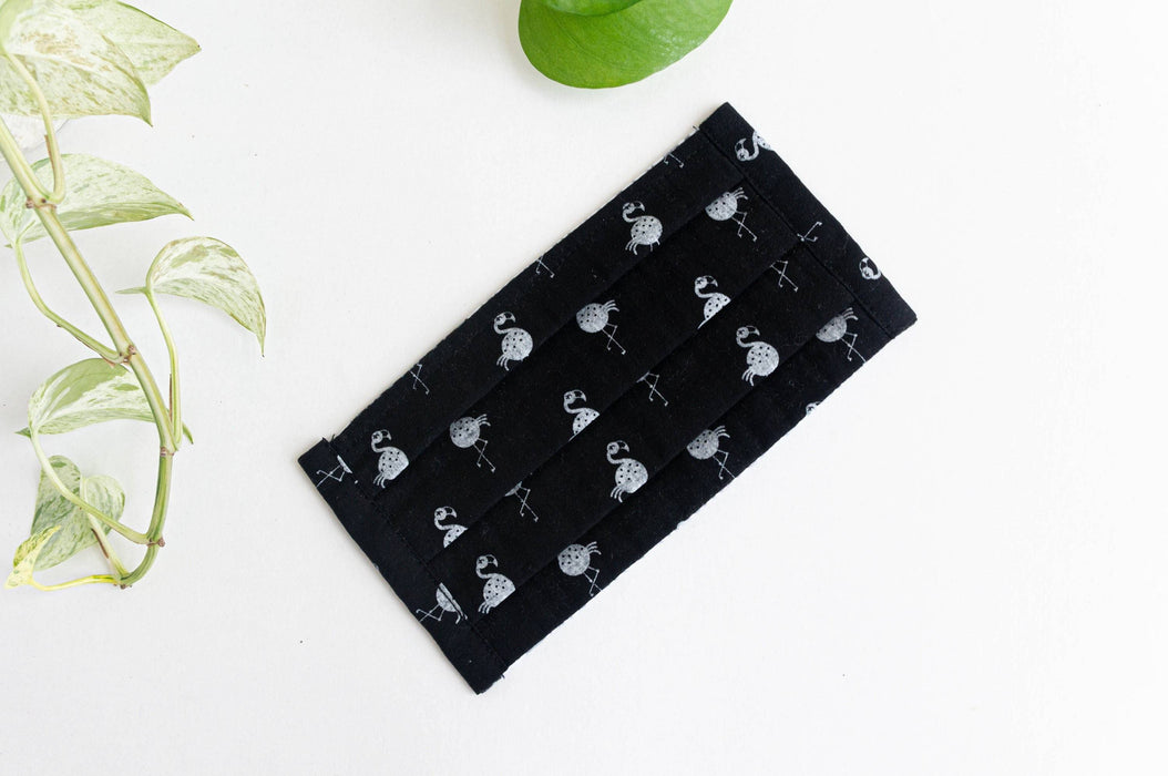 Masque en tissu - denim noir & pois & flamingo blanc