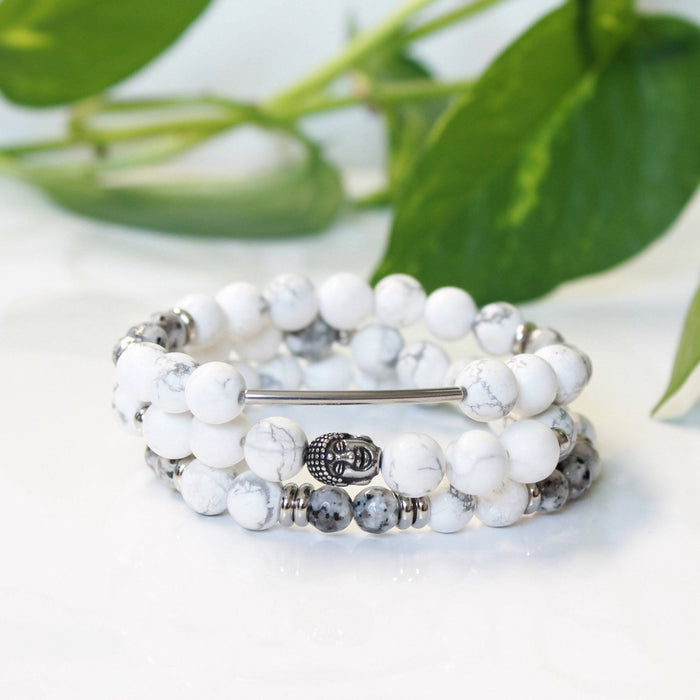 Ensemble de 3 bracelets blancs élastiques pour femmes en pierres semi précieuses et acier inoxydable