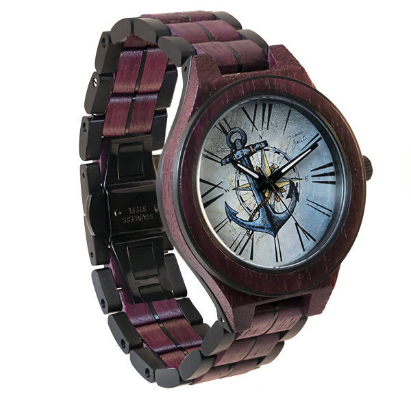 Montre pour homme bracelet bois ancre et étoile solaire